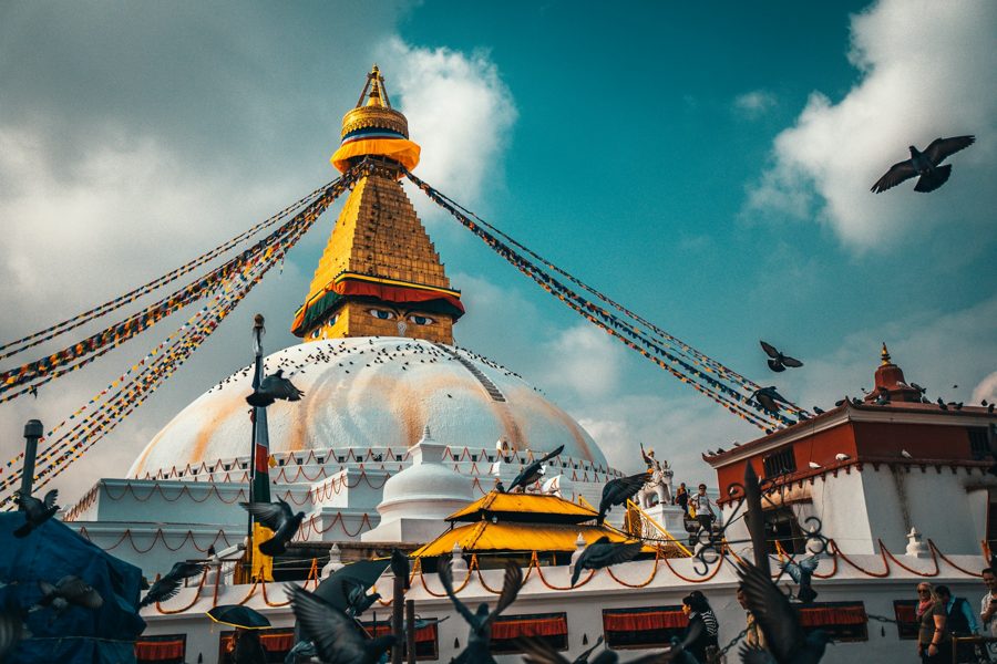 Boudhanath stupa with prayer flags in Nepal