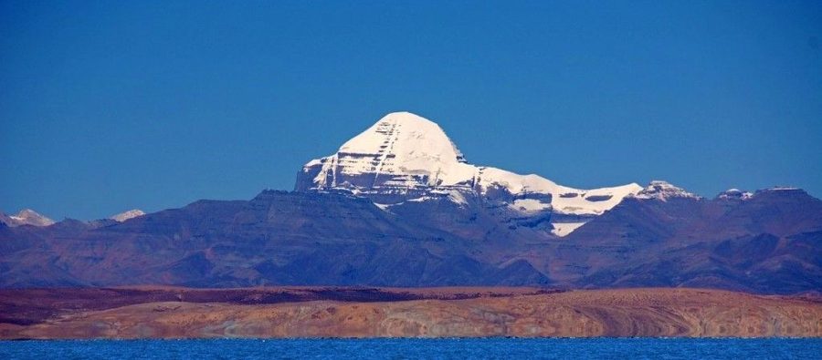 Mount Kailash rising above Lake Manasarovar in Tibet